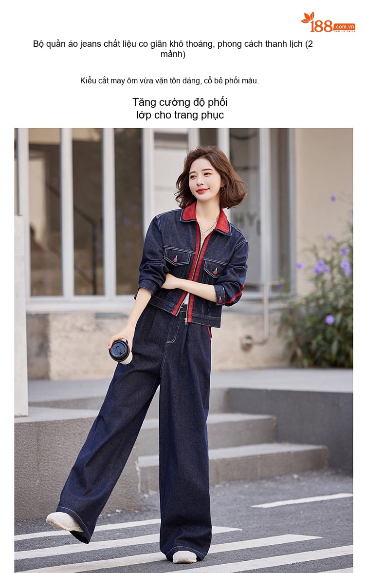 Set Áo Khoác Jean Nữ Cổ Bẻ Tay Dài Quần Ống Rộng Màu Xanh Jean chi tiết 6