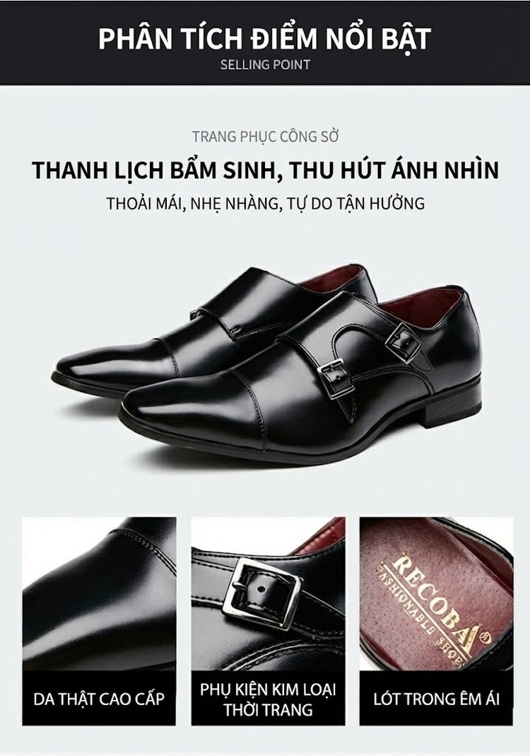 Giày Tây Monk Strap Nam Da Thật Chiều Cao Đế Khoảng 3cm Màu Đen, Nâu chi tiết 3