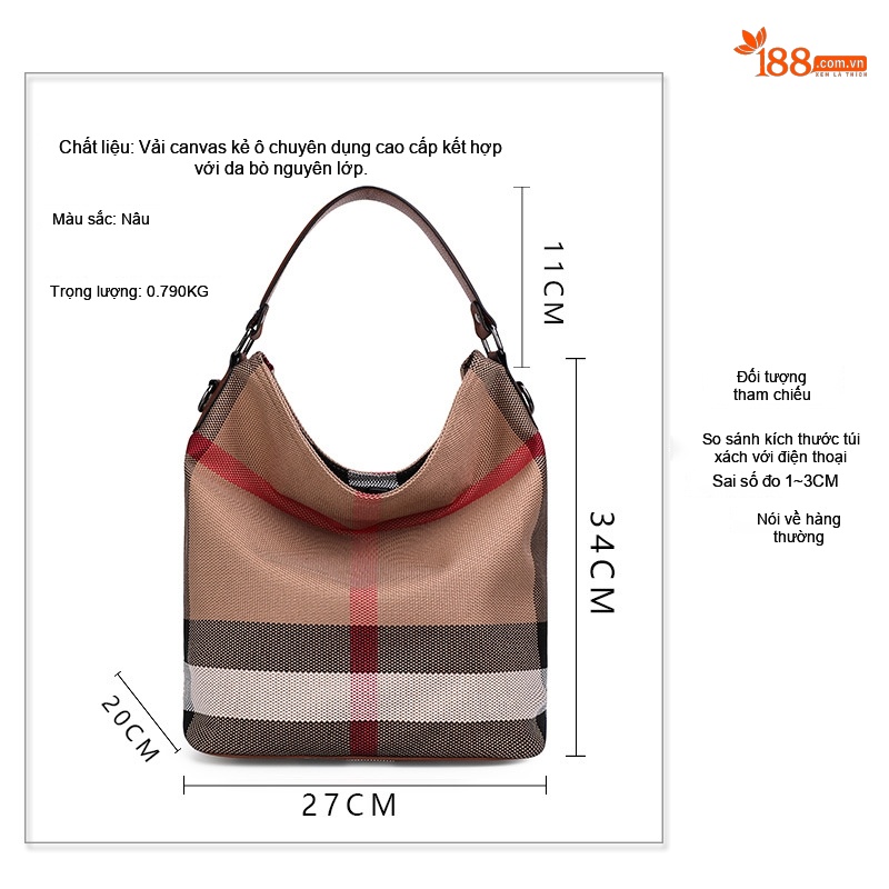 Túi Đeo Vai Nữ Vải Canvas Kẻ Ô phối Da Bò Nguyên Lớp Dáng Trống Sức Chứa Lớn Màu Nâu