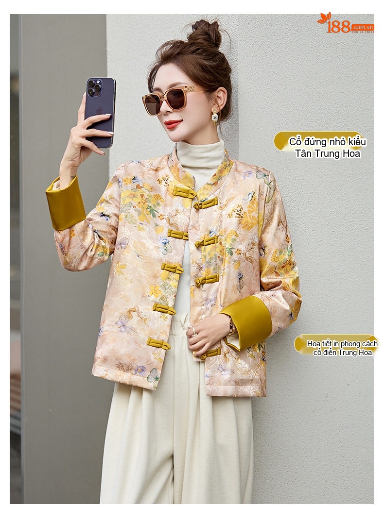 Áo Khoác Phao Nữ In Họa Tiết Cổ Điển Khuy Cài Phong Cách Trung Hoa chi tiết 4