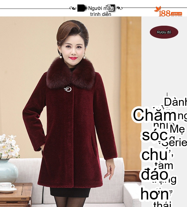 Áo Khoác Lông Cừu Hạt Dài Nữ Trung Niên Cổ Lông Cáo Dáng Dài Vừa Màu Đỏ Tía, Đen, Đỏ, Xám... chi tiết 12
