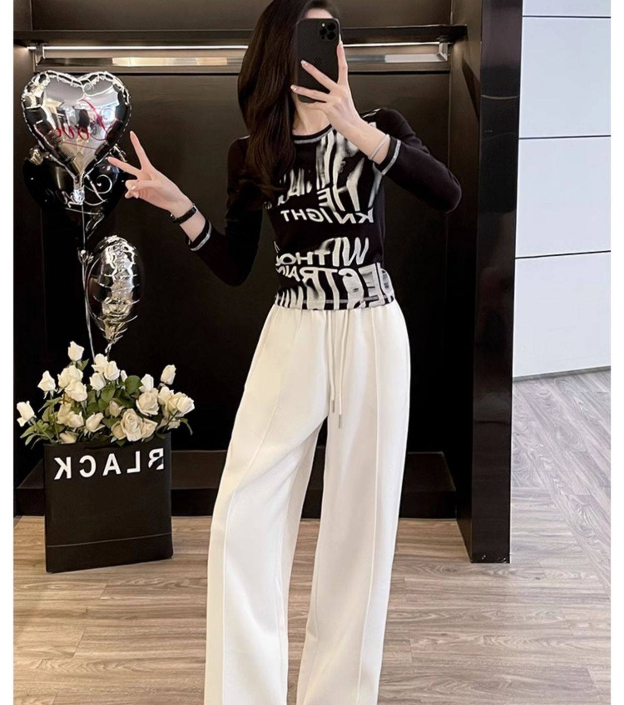 Set Bộ Nữ Áo Thun Tay Dài Quần Ống Rộng Cotton Phong Cách Casual Màu Đen, Trắng chi tiết 12
