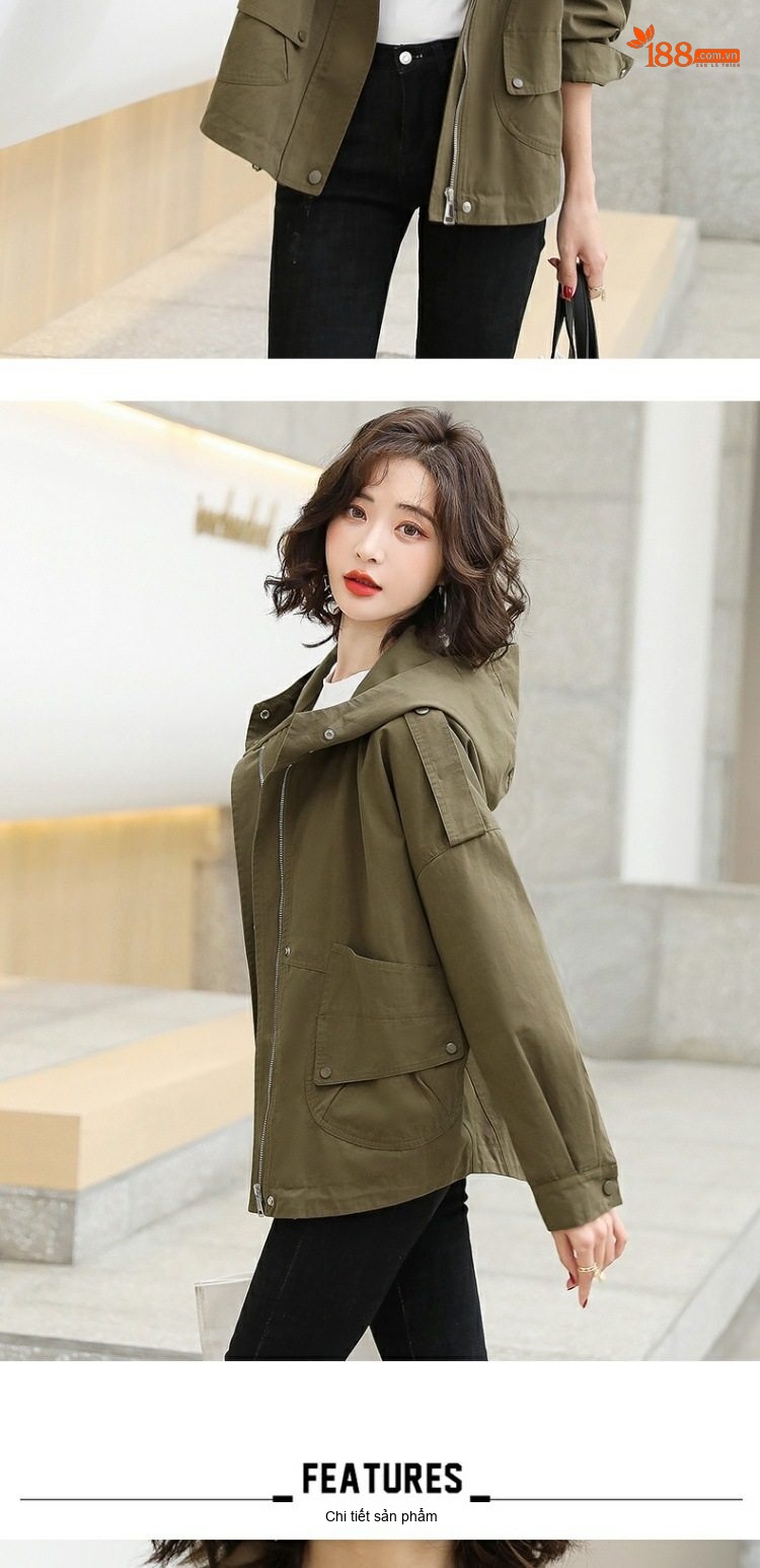 Áo Khoác Gió Nữ Ngắn Tay Lỡ Có Mũ Trùm Đầu Phong Cách Thời Trang Màu Xanh Rêu chi tiết 10