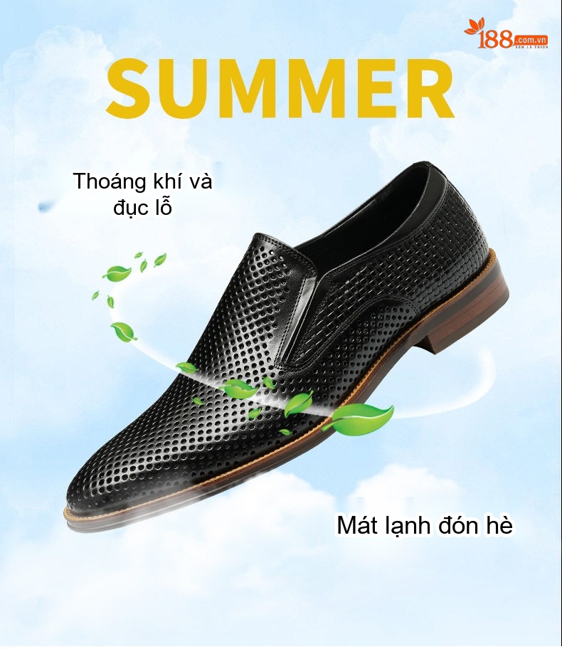 Giày Lười Nam Da Thật Lỗ Thoáng Khí Chiều Cao Đế Khoảng 2cm Màu Đen, Nâu, Kem chi tiết 3