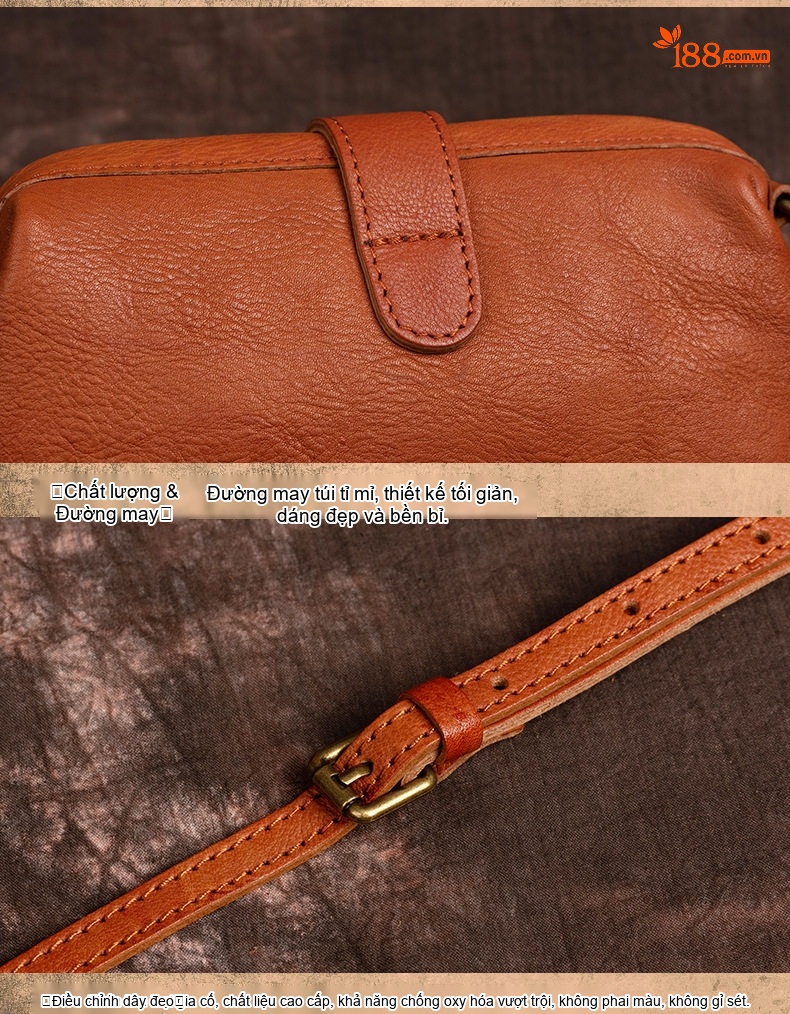 Túi Đeo Chéo Nữ Da Bò Thủ Công Vintage Dáng Nhỏ Màu Nâu, Đỏ chi tiết 15