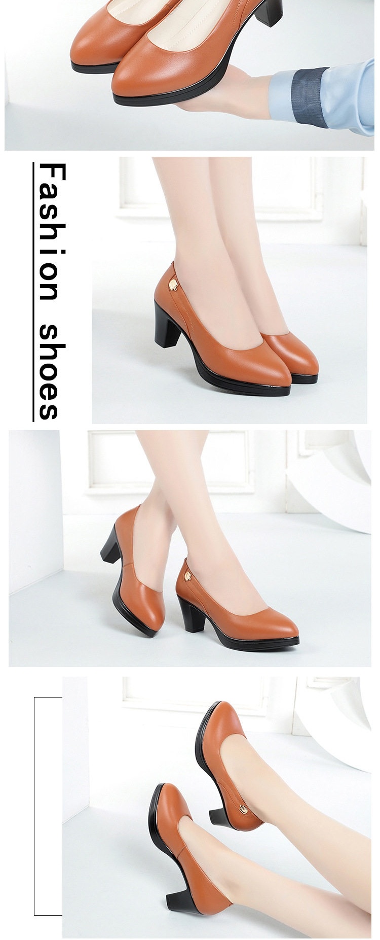Giày Cao Gót Nữ Da Thật Chiều Cao Đế Khoảng 6cm Quai Hậu Màu Đen, Nâu chi tiết 2