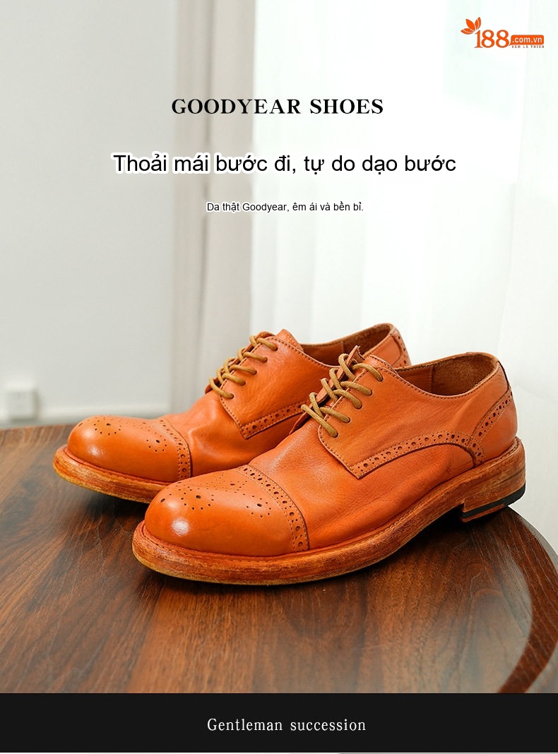 Giày Tây Buộc Dây Nam Da Thật Thủ Công Goodyear Chiều Cao Đế Khoảng 3cm Màu Nâu chi tiết 1