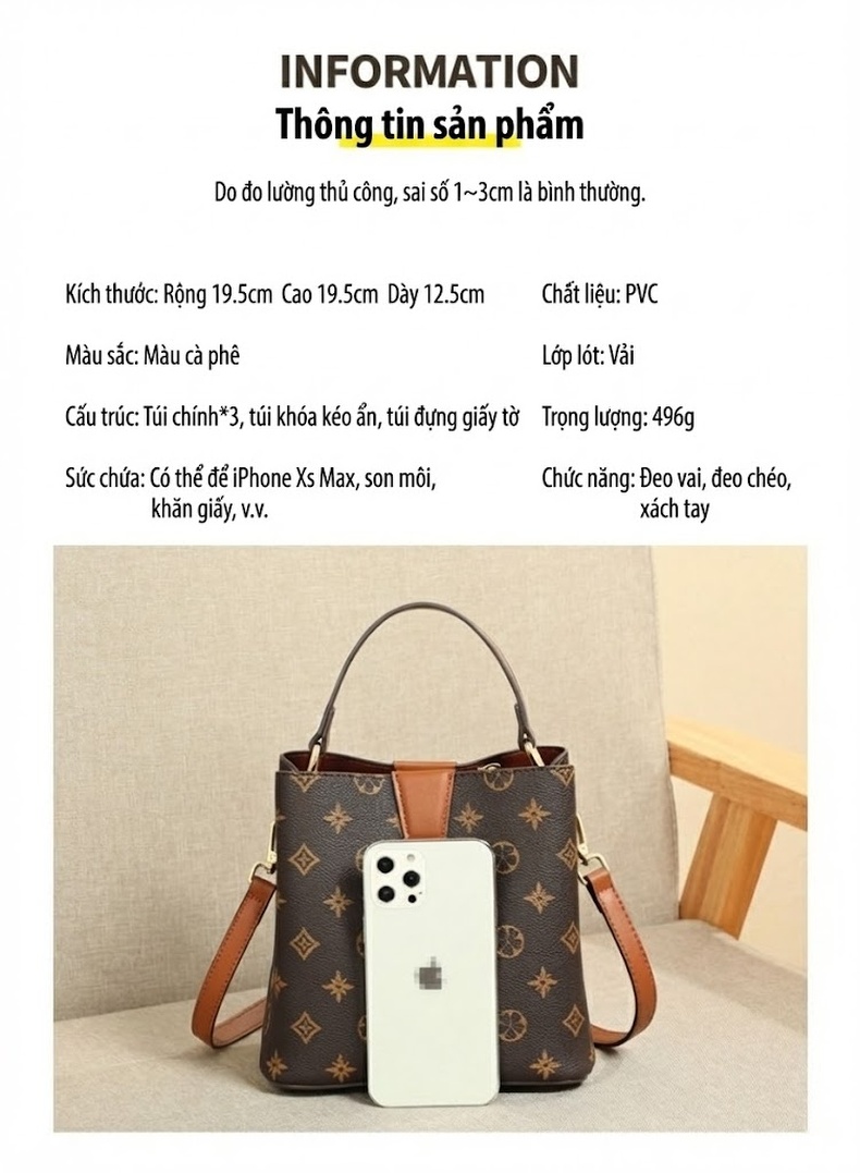 Túi Đeo Chéo/Xách Tay Nữ Hình Thùng Nước In Họa Tiết Thời Trang Màu Nâu chi tiết 9