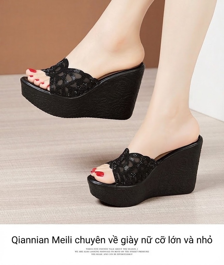 Dép Lê Nữ Đế Xuồng Quai Trong Suốt Đính Đá Chiều Cao Đế Khoảng 6cm Màu Bạc, Đen chi tiết 14