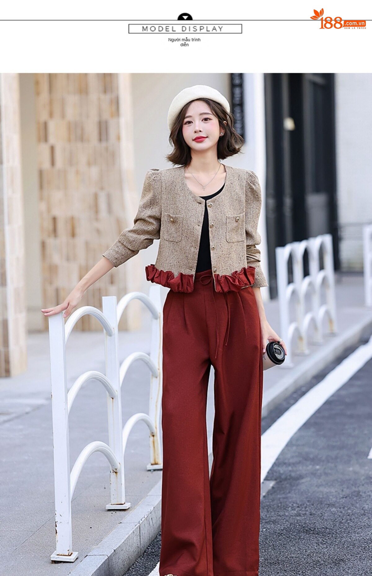 Set Bộ Tiểu Thư Áo Khoác Quần Ống Rộng Phong Cách Hàn Quốc Màu Nâu, Đỏ chi tiết 20