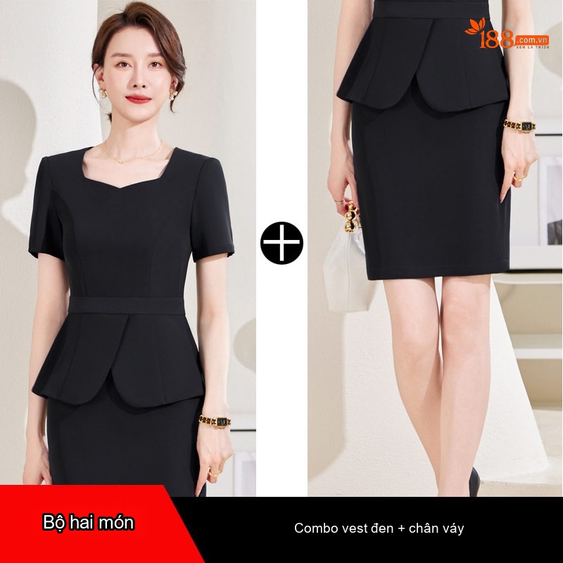 Bộ Vest Công Sở Nữ Tay Ngắn Quần/Chân Váy Áo Peplum Màu Đen, Xanh Navy