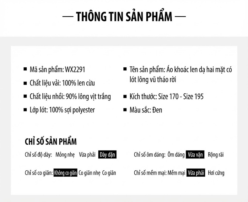Áo Khoác Dạ Nam 100% Lông Cừu Dáng Dài Vừa Có Lớp Lót Lông Vũ Màu Đen chi tiết 27