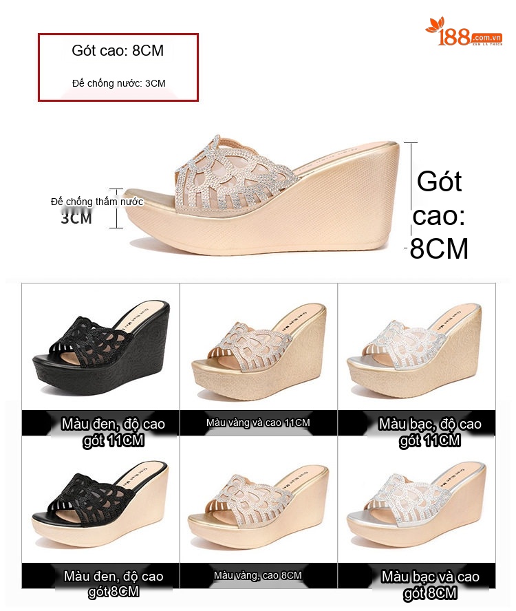 Dép Lê Nữ Đế Xuồng Quai Trong Suốt Đính Đá Chiều Cao Đế Khoảng 6cm Màu Bạc, Đen chi tiết 4
