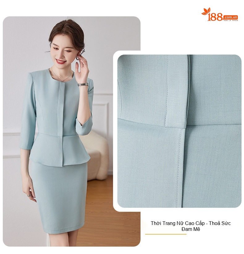 Bộ Vest Công Sở Nữ Quần/Chân Váy Thanh Lịch Màu Đen, Xanh Navy, Xanh Mint chi tiết 6