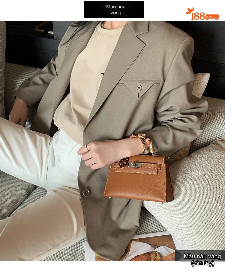 Túi Kelly Mini Da Bò Vân Tay Cầm Tay Đeo Vai Chéo Phong Cách Thời Trang Màu Trắng, Nâu, Xám, Đen... chi tiết 13