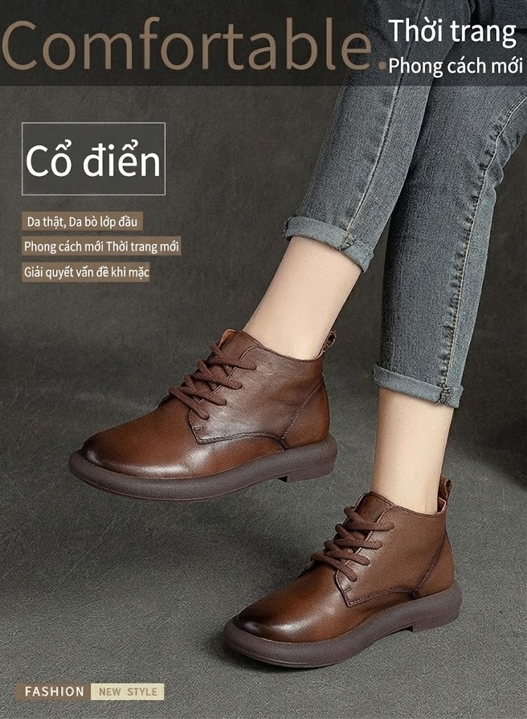 Boot Nữ Da Bò Cổ Cao Gót Bệt Mũi Tròn Phong Cách Retro Chiều Cao Đế Khoảng 3cm Màu Nâu, Đen, Xám chi tiết 1