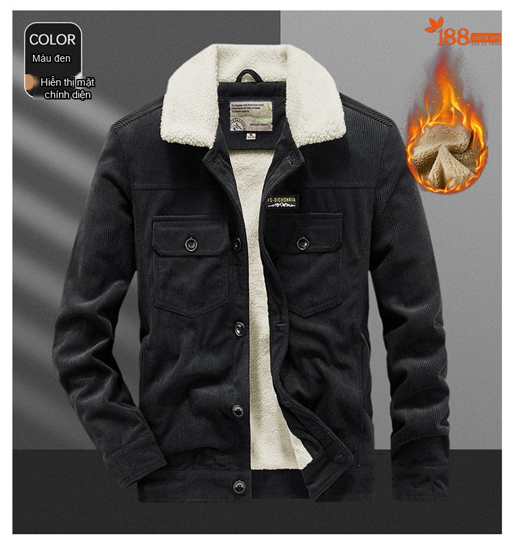 Áo Khoác Cotton Lông Cừu Nam Dáng Rộng Có Cổ Màu Nâu, Xanh Rêu, Đen chi tiết 20