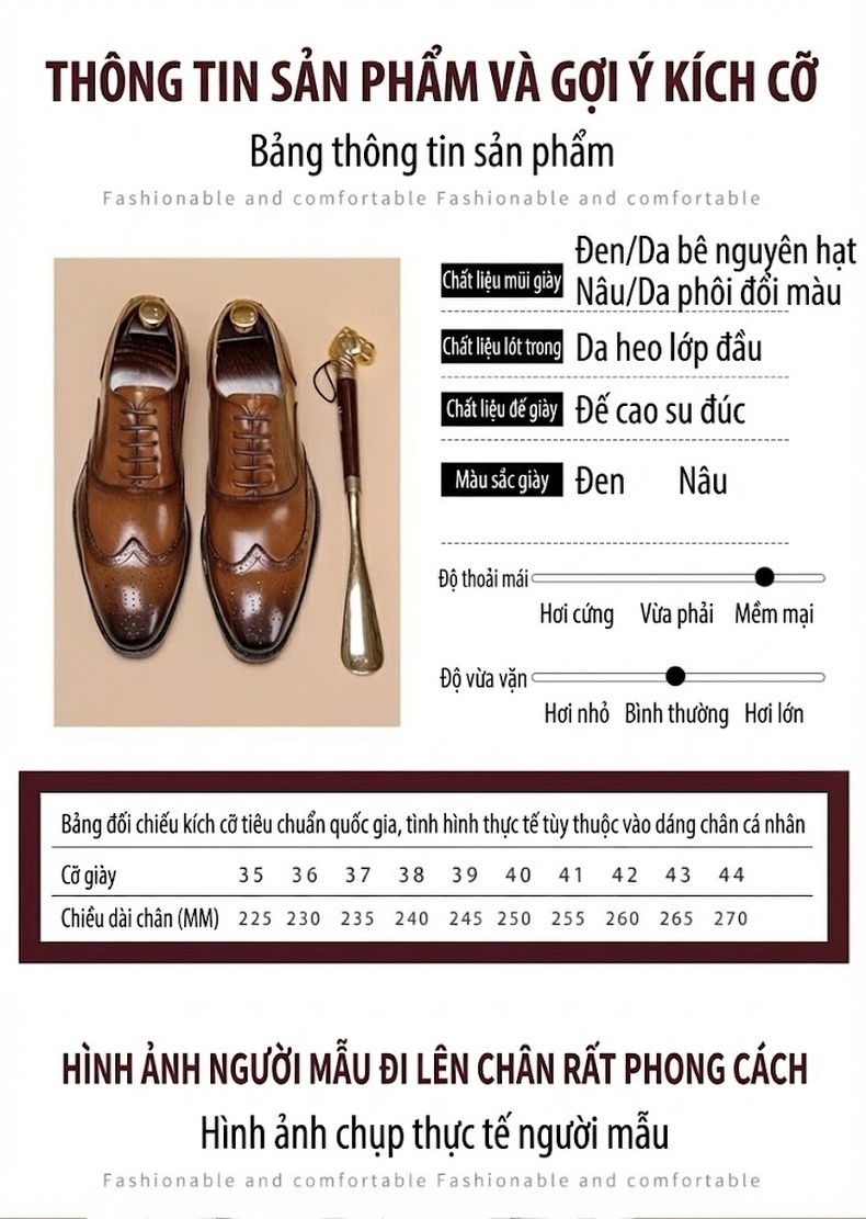 Giày Tây Oxford Nam Da Bò Buộc Dây Phong Cách Anh Quốc Chiều Cao Đế Khoảng 3cm Màu Nâu, Đen chi tiết 9