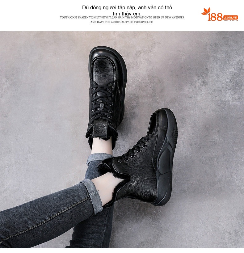 Giày Boot Nữ Da Bò Lót Lông Cừu Non Cổ Cao Dây Buộc Chiều Cao Đế Khoảng 5cm Màu Be, Đen chi tiết 14