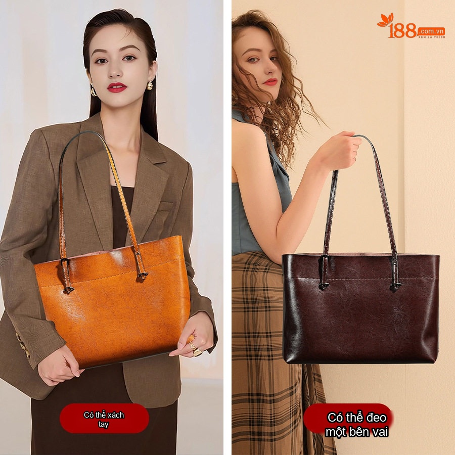 Túi Tote Nữ Da Thật Đựng Vừa A4 Phong Cách Âu Mỹ Màu Nâu, Đen