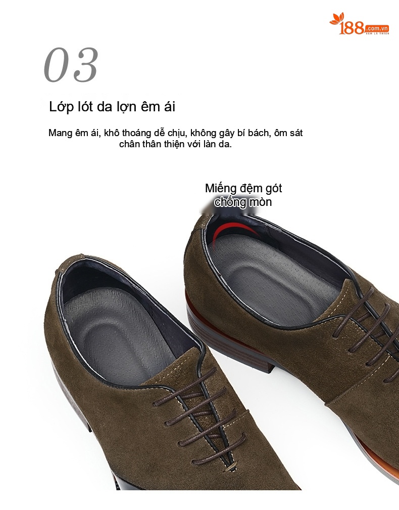 Giày Tây Buộc Dây Nam Da Bò Lộn Chiều Cao Đế Khoảng 3cm Màu Nâu, Đen chi tiết 11