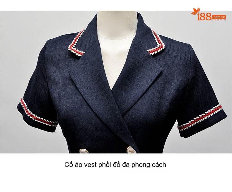 Váy Đầm Ôm Body Nữ Cổ chữ Vest Tay Ngắn Hai Hàng Khuy Phong Cách Thanh Lịch Màu Xanh Navy chi tiết 27