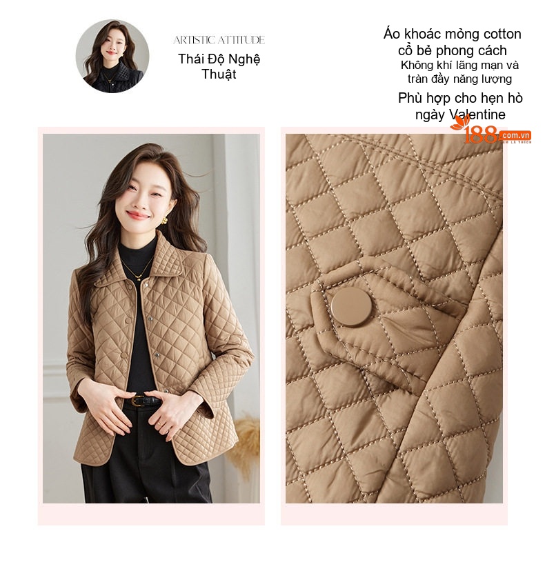 Áo Khoác Cotton Chần Bông Dáng Ôm Phong Cách Hàn Quốc Màu Be, Đen chi tiết 3
