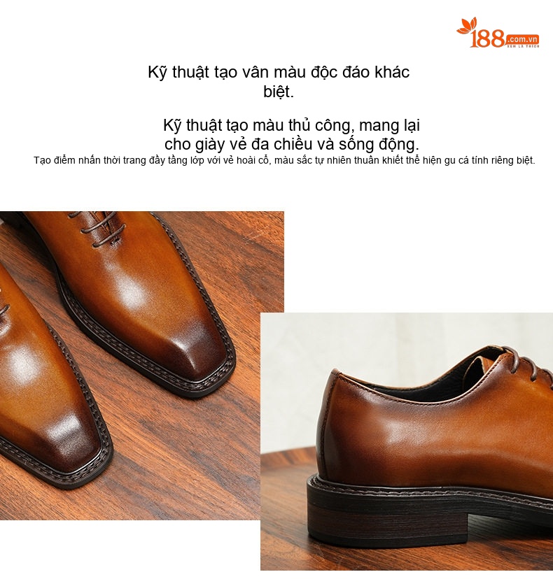 Giày Tây Buộc Dây Nam Da Thật Mũi Vuông Chiều Cao Đế Khoảng 3cm Màu Nâu, Đen chi tiết 4
