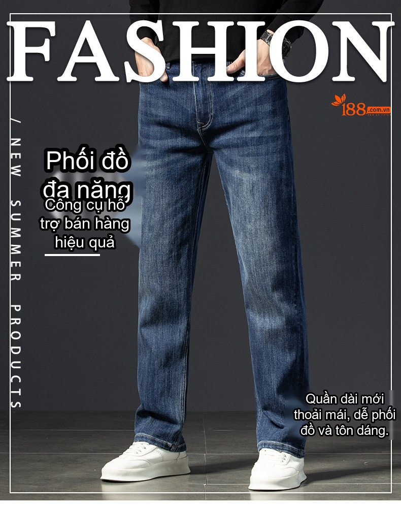 Quần Jean Nam Cotton Co Giãn Dáng Suông Rộng Phong Cách Doanh Nhân Màu Xanh chi tiết 3