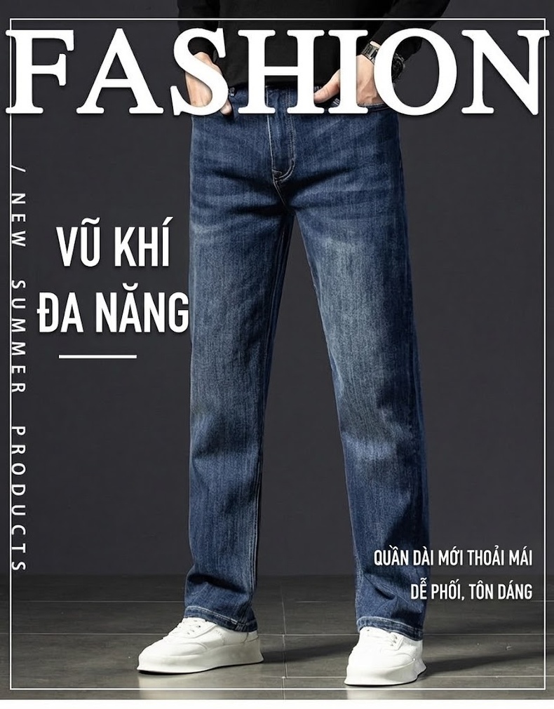 Quần Jean Nam Cotton Co Giãn Dáng Suông Rộng Thoải Mái Màu Xanh chi tiết 3