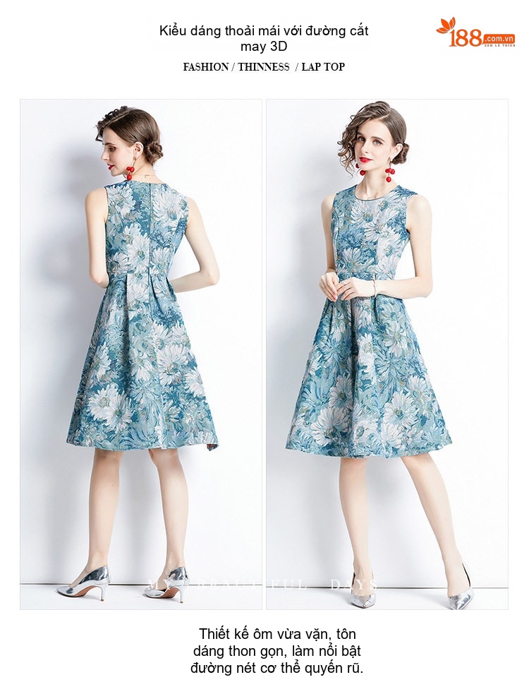 Váy liền thân Nữ Jacquard Phong Cách Cổ Điển Tay Lửng Không Tay Màu Xanh, Trắng chi tiết 5