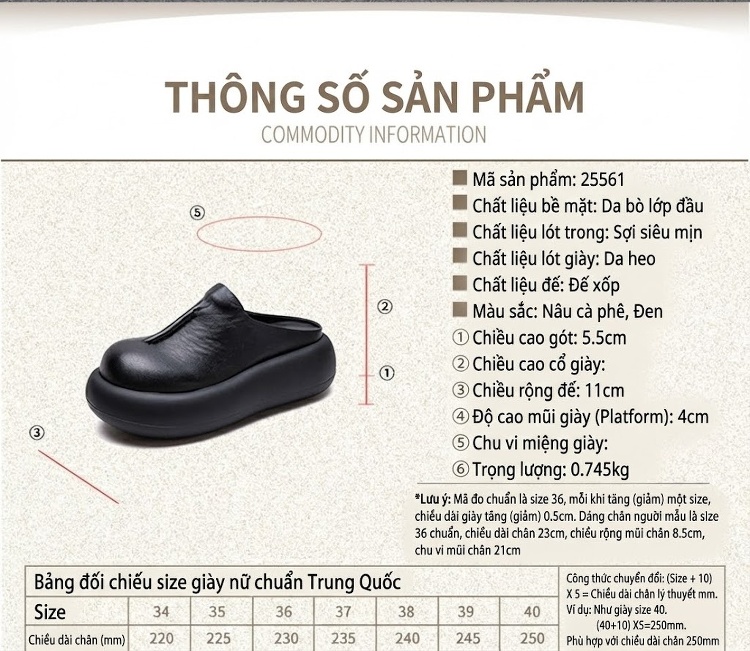 Dép Sục Nữ Da Bóng Đế Xuồng Chiều Cao Đế Khoảng 5cm Màu Đen, Nâu chi tiết 2