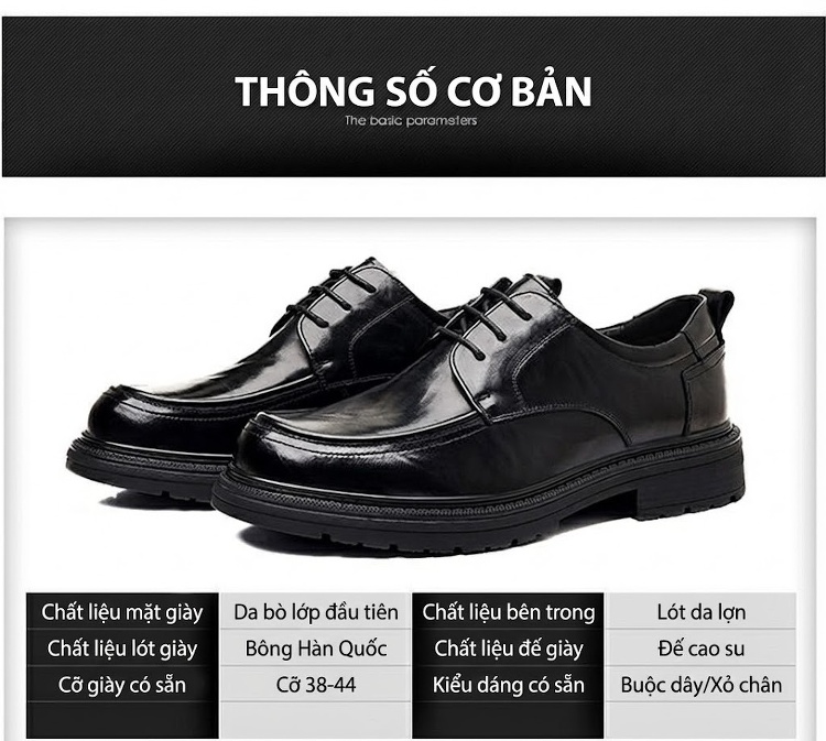 Giày Tây Buộc Dây Nam Da Bò Chiều Cao Đế Khoảng 3.5cm Màu Đen chi tiết 7