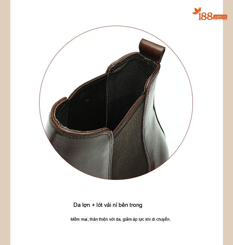 Boot Chelsea Nam Da Bò Cao Cổ Thủ Công Chiều Cao Đế Khoảng 5cm Màu Đen, Nâu Đỏ chi tiết 9