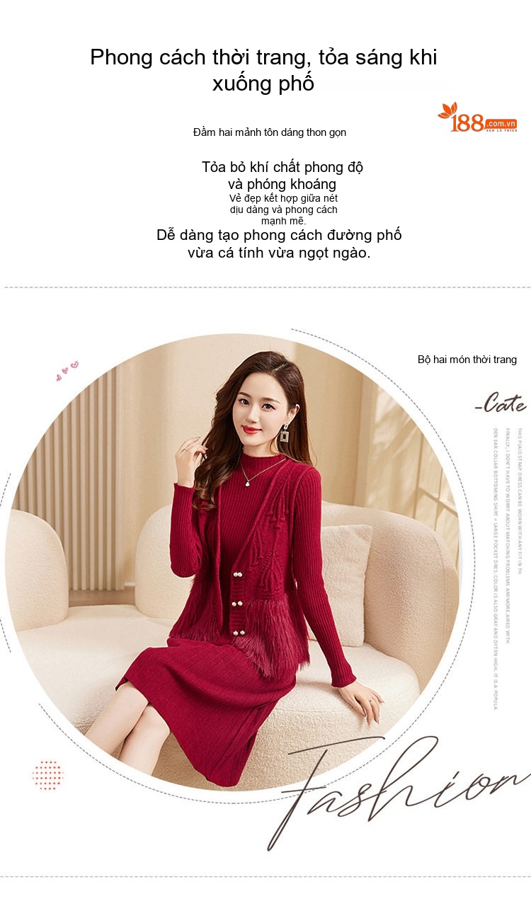 Set Áo Gile Lông Cừu Non Cổ chữ V Đính Cúc và Đầm Dệt Kim Liền Thân Nữ Màu Be, Xám, Nâu, Đỏ... chi tiết 2