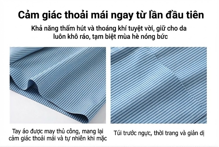 Áo Sơ Mi Nam Tay Ngắn Form Rộng Cổ chữ Vuông Họa Tiết Kẻ Sọc Phong Cách Công Sở Màu Xanh Lam, Xanh Da Trời chi tiết 4
