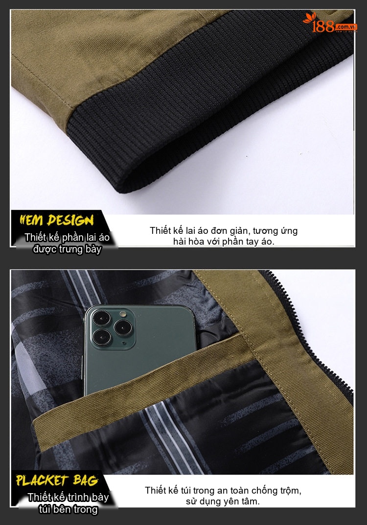 Áo Khoác Bomber Nam Cotton Dáng Đứng Cổ Giản Dị Màu Xanh Olive, Đỏ, Xanh Lá, Đen... chi tiết 19