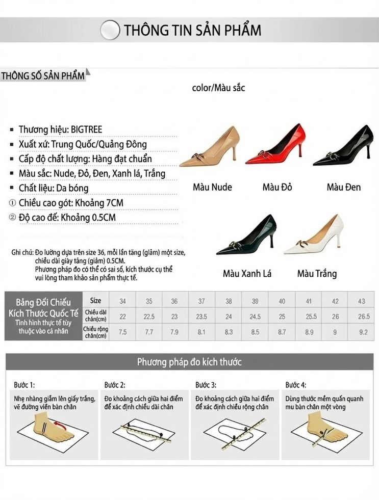 Giày Cao Gót Nữ Da Bóng Mũi Nhọn Chiều Cao Đế Khoảng 7cm Màu Kem, Đen, Đỏ, Trắng... chi tiết 1