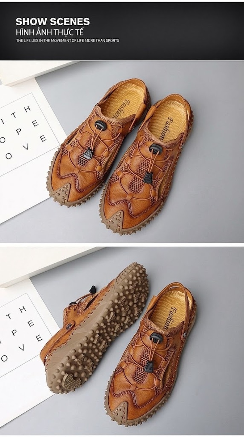 Sandal Nam Bít Mũi Da Mềm Lưới Thoáng Khí Đế Mềm Cao 3cm chi tiết 12