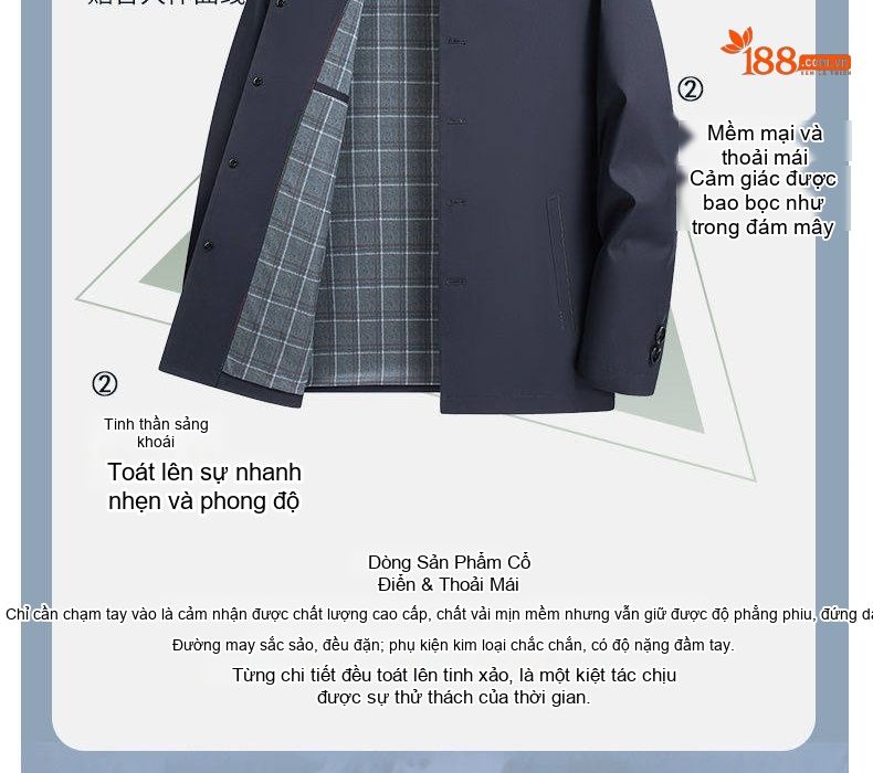 Áo Khoác Nam Cổ Bẻ Nút Bấm Phong Cách Công Sở Màu Xanh Navy, Kem chi tiết 9