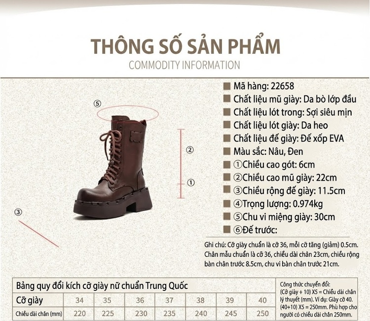 Boot Martin Nữ Da Bò Cổ Cao Tăng Chiều Cao Đế Khoảng 6cm Màu Đen, Nâu chi tiết 2