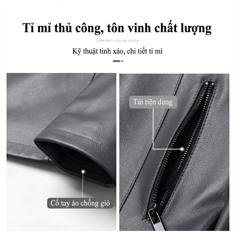 Áo Khoác Da Thật Nam Dáng Ôm Cổ Trụ Da Dê Haining Màu Đen, Xám chi tiết 4
