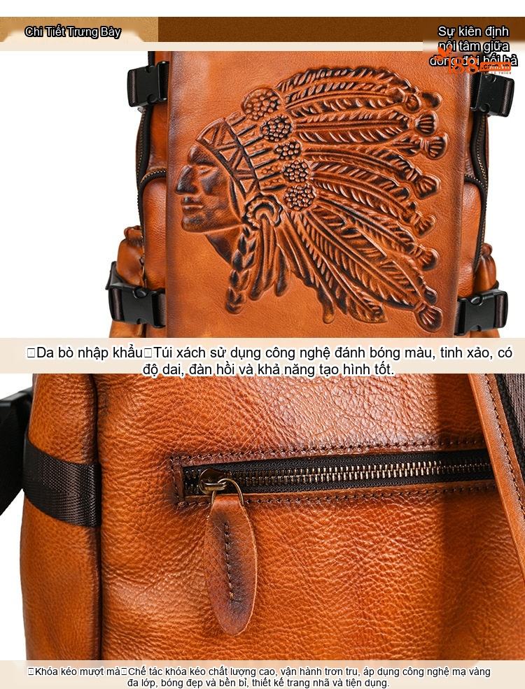 Balo Nam Da Bò Thủ Công Khắc Họa Tiết Vintage Màu Nâu, Đen chi tiết 14