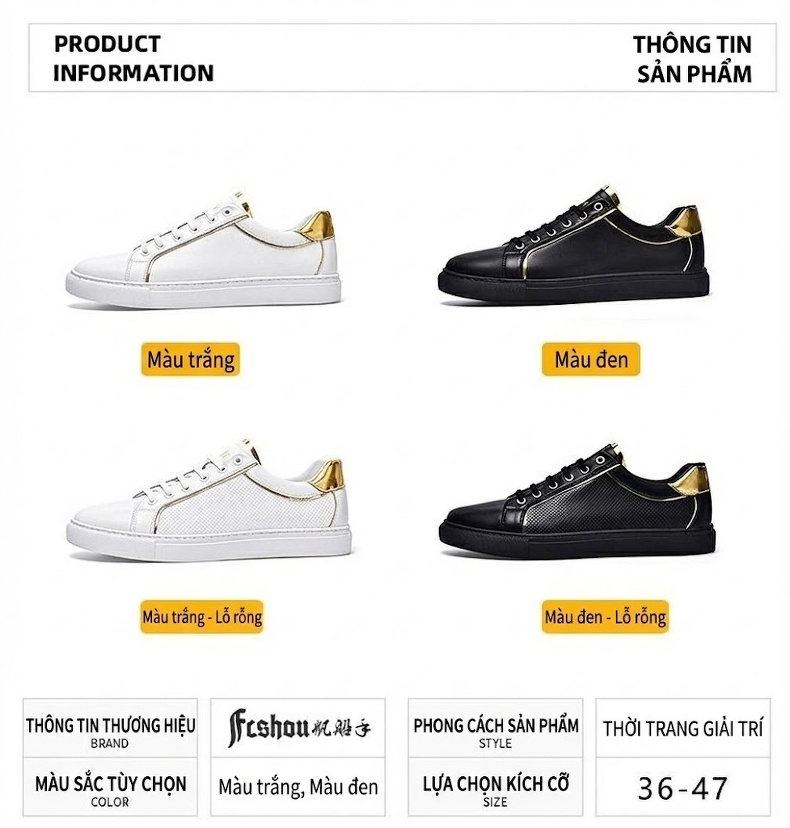 Giày Sneaker Nam Da Bóng Chiều Cao Đế Khoảng 3cm Màu Trắng, Đen chi tiết 1