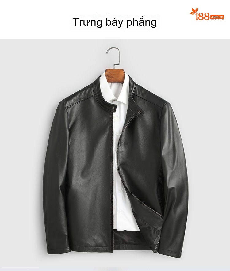 Áo Khoác Da Bò Nam Cổ Trụ Khóa Kéo Mỏng Dáng Ngắn Màu Đen, Xanh chi tiết 6
