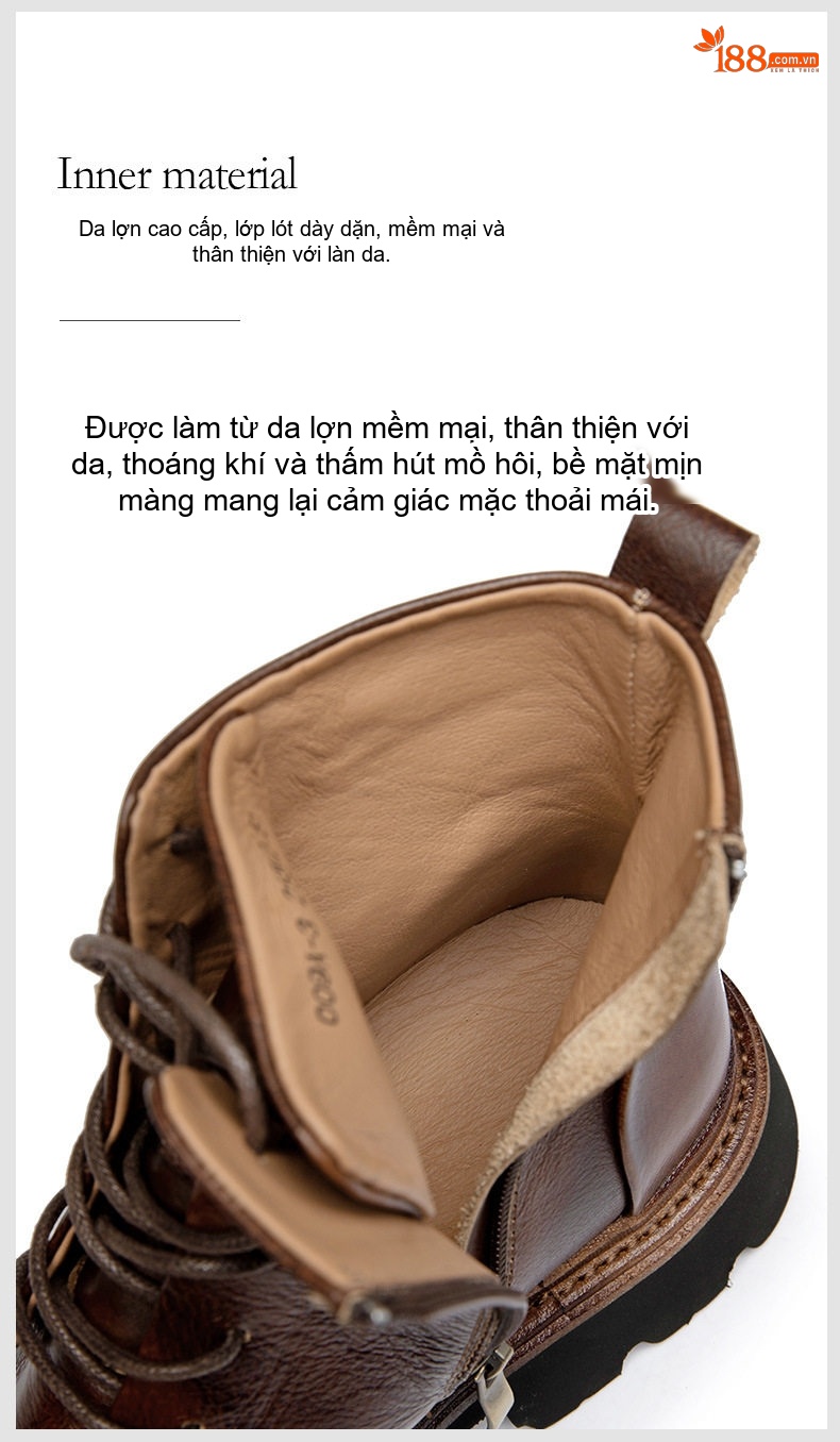 Giày Boot Martin Nam Da Thật Cổ Cao Chiều Cao Đế Khoảng 4cm Màu Đen, Nâu chi tiết 12