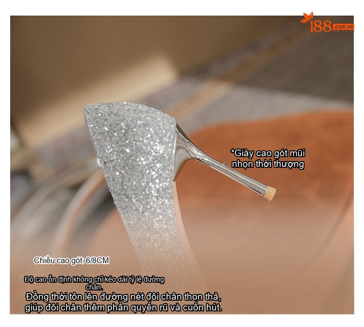 Giày Cao Gót Nữ Mũi Nhọn Đính Đá Chiều Cao Đế 8cm Màu Vàng Gold chi tiết 9