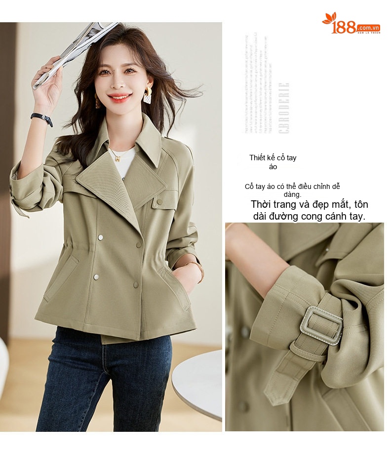 Áo Khoác Gió Nữ Cổ chữ Vest Dáng Ôm Tay Dài Màu Be, Xanh chi tiết 8