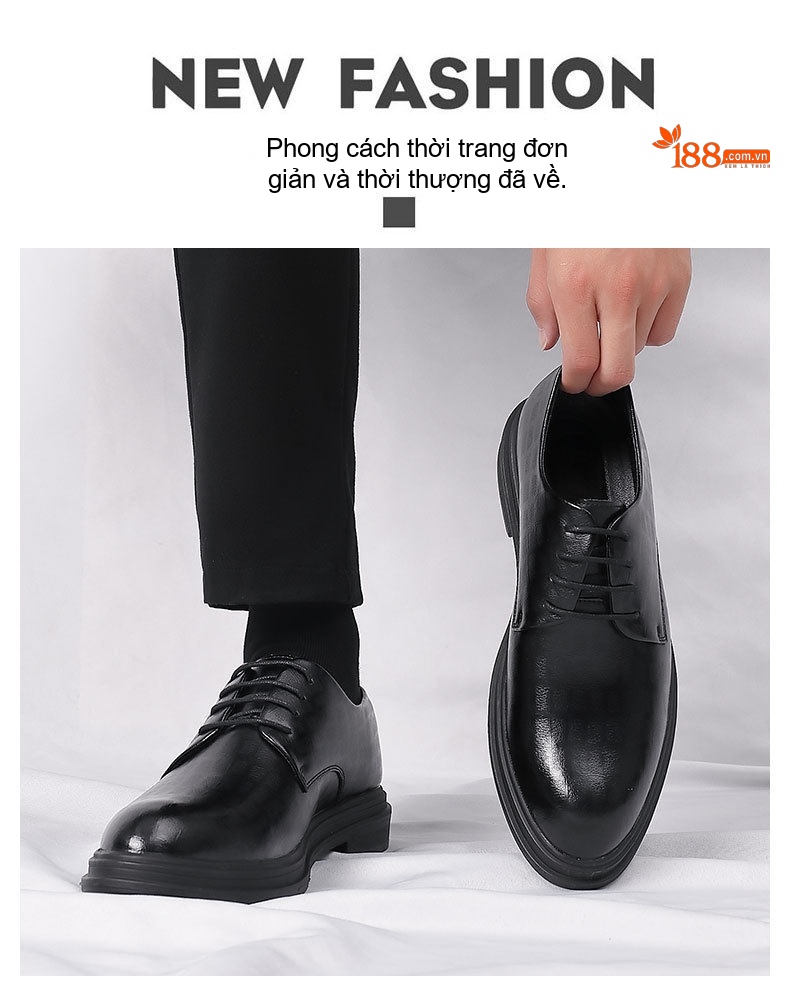 Giày Tây Buộc Dây Nam Da Bò Chiều Cao Đế 8cm Thoáng Khí Màu Đen chi tiết 5