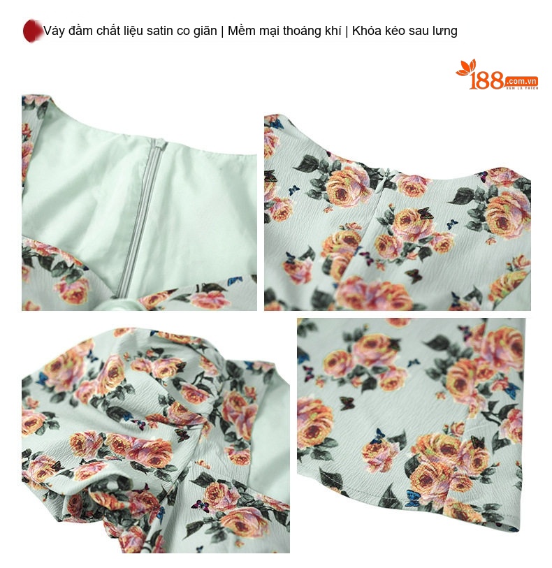 Váy liền thân Nữ Tay Bồng Cổ chữ Vuông Dáng Ôm In Hoa Hồng Phong Cách Pháp Cổ Điển Màu Xanh Mint chi tiết 4